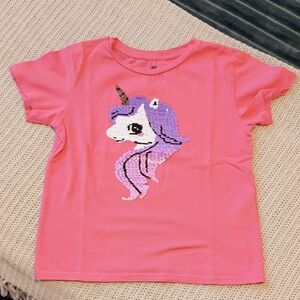 H&M Pink T-Shirt with Reversible Sequin Unicorn Design - Size 6-7